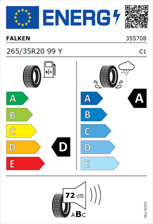 Tyre Label for Falken Azenis RS820 265/35R20 99Y