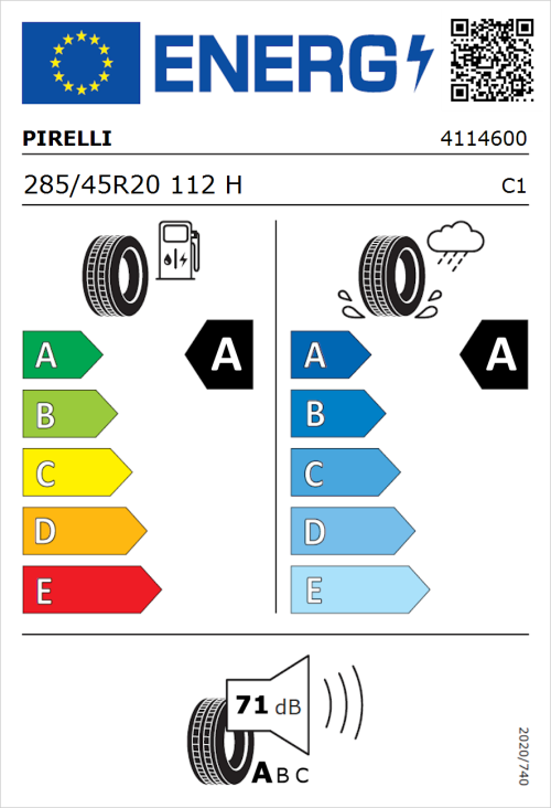 Tyre Label for Pirelli Scorpion 285/45R20 112H